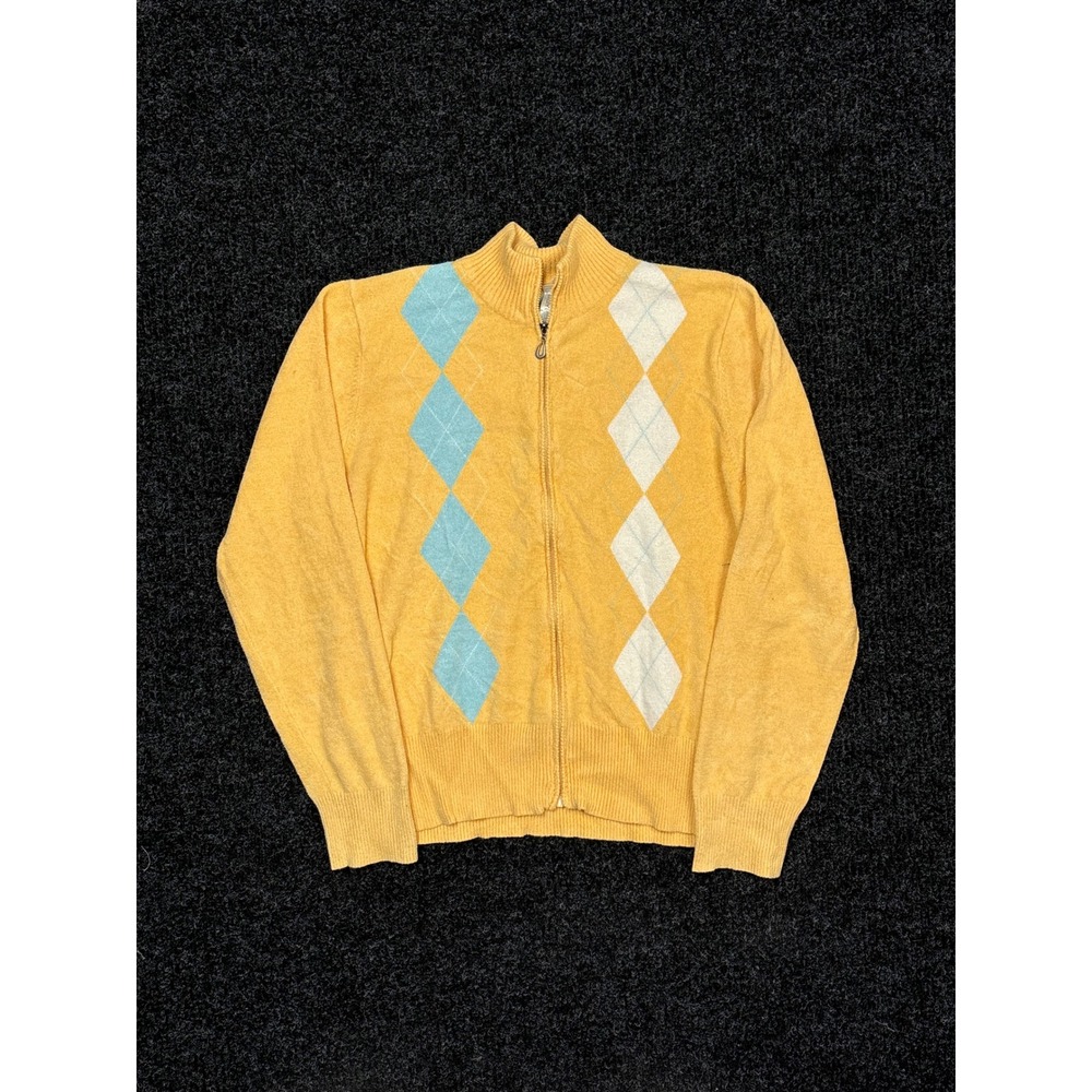 Csoyeu Yellow Argyle Full Zip Cardigan Sweater Mock Neck Large